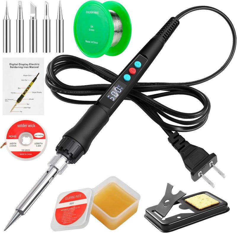 Q-MING Soldering Iron Kit, 100W LED Digital Solder Gun kits with Ceramic Heater, Adjustable Temperature Welding Tools with Tips, Wick Braid, Stand, Solders Wire, Sponge, Flux Paste, Black - Image 1
